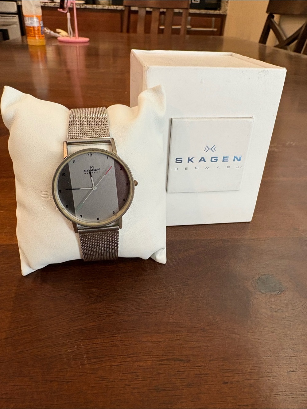 Skagen Silver-Tone Mesh Band Watch with Two-Tone Gray Dial